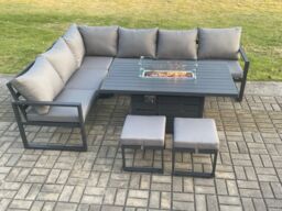 Fimous Aluminium Patio Outdoor Garden Furniture Corner Sofa Set Gas Fire Pit Dining Table with 2 Small Footstools Dark Grey - thumbnail 2