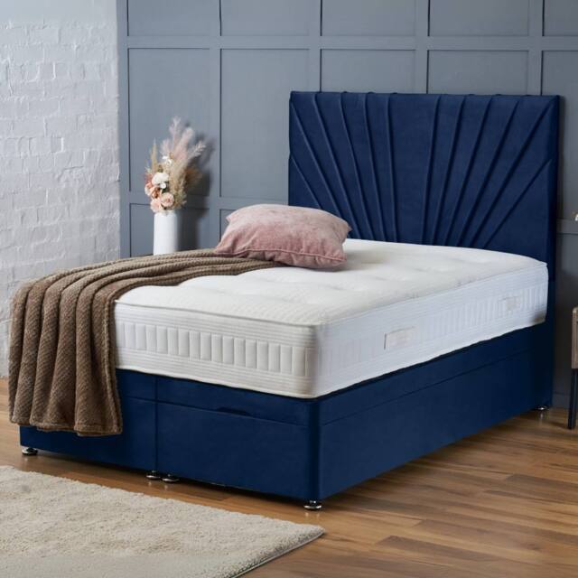 "BSSPOKE Maria Ottoman Divan Bed Plush Velvet 54"" Headboard & Mattress in Blue - Size: Single" - image 1
