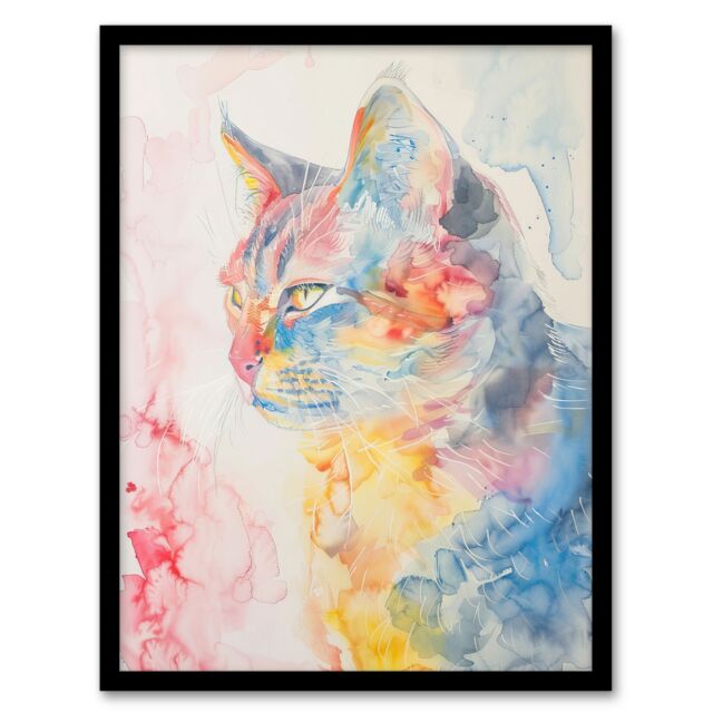 "Artery8 Cat Lover Pastel Rainbow Watercolour Portrait Framed Art Print - Size: W12"" x H16""" - image 1