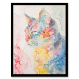 "Artery8 Cat Lover Pastel Rainbow Watercolour Portrait Framed Art Print - Size: W12"" x H16""" - thumbnail 1