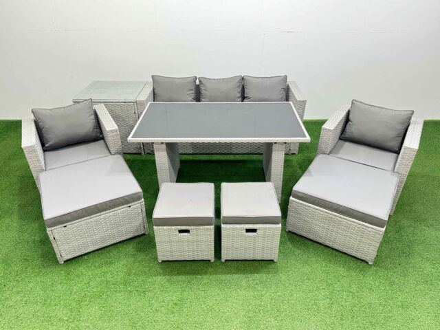 Fimous Patio Garden Furniture Sets with Black Glass Top Dining Table Armchair in Light Grey - image 1