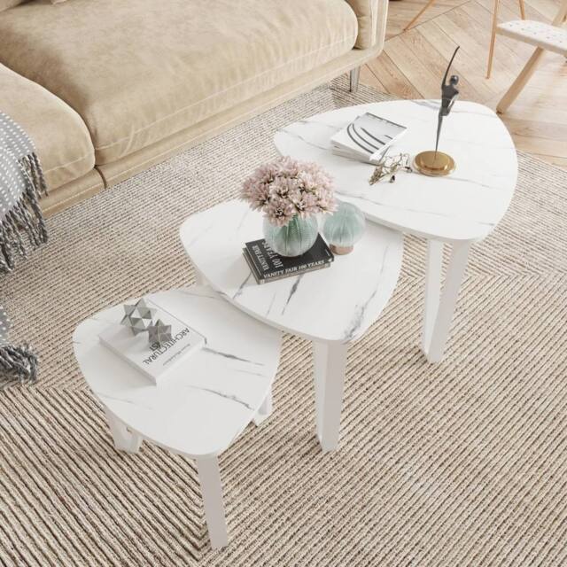 VOGREX White Frame White Marble Effect Triangular Nested Side Table Set of 3 - image 1