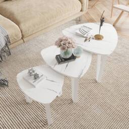 VOGREX White Frame White Marble Effect Triangular Nested Side Table Set of 3 - thumbnail 1
