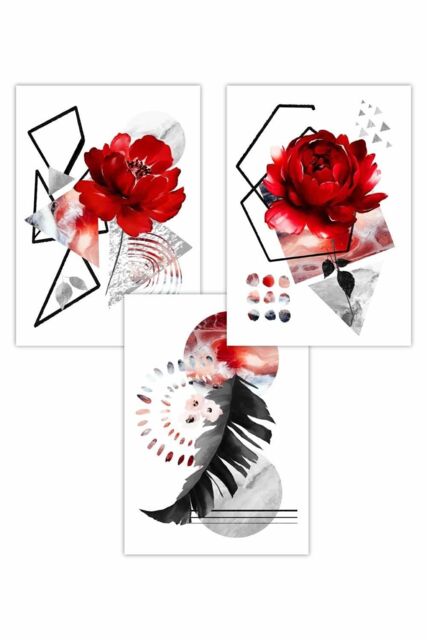 ARTZE Set of 3 Abstract Red & Black Botanical Art Posters - Size: W50 cm x H70 cm - image 1