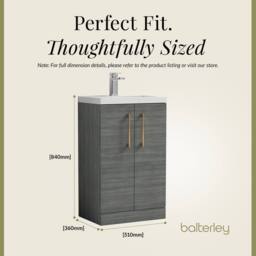Balterley Bathroom Vanity Basin Unit, Brushed Bronze Handles, 500mm, Wood Grey - thumbnail 5