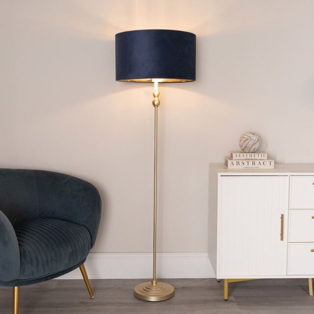 ValueLights Maggie Gold Candlestick Floor Lamp with Velvet with Gold Inner Lamp Shade & Bulb in Dark Navy - image 1