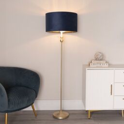 ValueLights Maggie Gold Candlestick Floor Lamp with Velvet with Gold Inner Lamp Shade & Bulb in Dark Navy - thumbnail 1