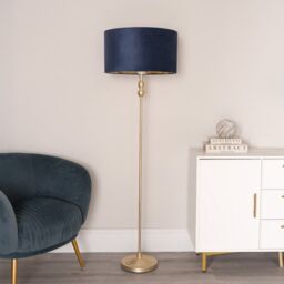ValueLights Maggie Gold Candlestick Floor Lamp with Velvet with Gold Inner Lamp Shade & Bulb in Dark Navy - thumbnail 3