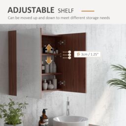 Kleankin Double Door Bathroom Mirrored Cabinet Wall Mount Medicine Storage in Brown - thumbnail 5
