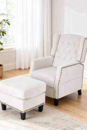 Living and Home Fabric Sofa Pushback Reclining Armchair with Footstool in White