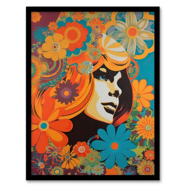 "Artery8 Wall Art Print Flower Portrait Retro Orange & Blue Abstract Portrait Vibrant Bold Bright Colourful Painting Art Framed - Size: W12"" x H16""" - image 1