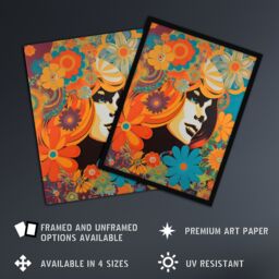 "Artery8 Wall Art Print Flower Portrait Retro Orange & Blue Abstract Portrait Vibrant Bold Bright Colourful Painting Art Framed - Size: W12"" x H16""" - thumbnail 2