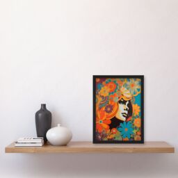 "Artery8 Wall Art Print Flower Portrait Retro Orange & Blue Abstract Portrait Vibrant Bold Bright Colourful Painting Art Framed - Size: W12"" x H16""" - thumbnail 4
