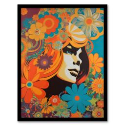 "Artery8 Wall Art Print Flower Portrait Retro Orange & Blue Abstract Portrait Vibrant Bold Bright Colourful Painting Art Framed - Size: W12"" x H16""" - thumbnail 1
