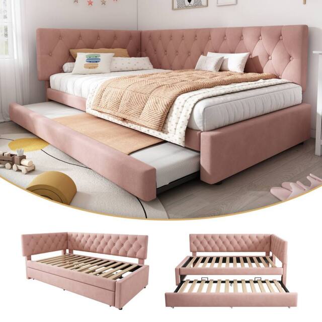 Rolipo 3ft Single Pink Velvet Daybed With Pull Out Trundle Bed - image 1