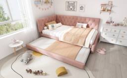 Rolipo 3ft Single Pink Velvet Daybed With Pull Out Trundle Bed - thumbnail 3