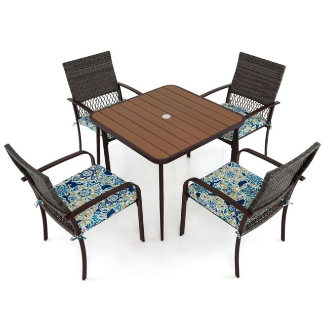 Costway 5 Pieces Patio Dining Set 4 Cushioned Rattan Armchairs & Square Table in Brown - image 1