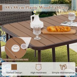 Costway 5 Pieces Patio Dining Set 4 Cushioned Rattan Armchairs & Square Table in Brown - thumbnail 4