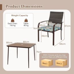 Costway 5 Pieces Patio Dining Set 4 Cushioned Rattan Armchairs & Square Table in Brown - thumbnail 2