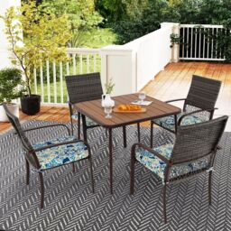 Costway 5 Pieces Patio Dining Set 4 Cushioned Rattan Armchairs & Square Table in Brown - thumbnail 8
