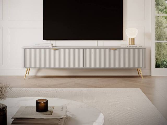 Vente-unique TV Unit With 2 MDF Doors - Beige & Gold - ELONARIA - image 1