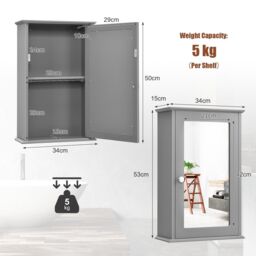 Costway Bathroom Mirror Cabinet Wall Mounted Storage Cupboard Mirrored Medicine Cabinet in Grey - thumbnail 2