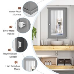 Costway Bathroom Mirror Cabinet Wall Mounted Storage Cupboard Mirrored Medicine Cabinet in Grey - thumbnail 6