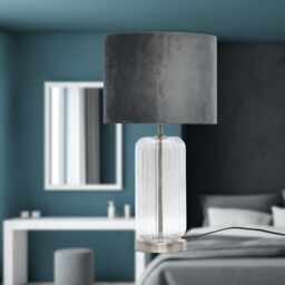 First Choice Lighting Walpole - Fluted Glass Brushed Chrome 49cm Table Lamp with Grey Shade in Silver - thumbnail 4