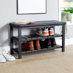 Home Source Spalding Black Metal Shoe Bench with Two Storage Shelves - thumbnail 1