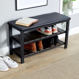Home Source Spalding Black Metal Shoe Bench with Two Storage Shelves - thumbnail 2