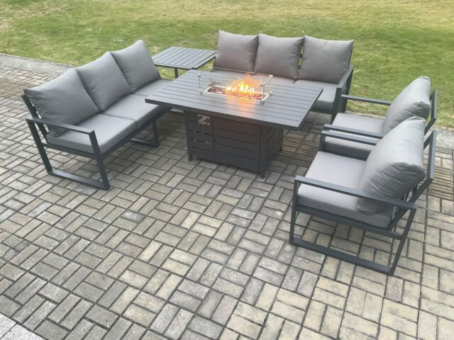 Fimous Aluminium 6 Pieces Garden Furniture Sofa Set with Cushions 8 Seater Gas Fire Pit Dining Table Set with Side Table Dark Grey - image 1