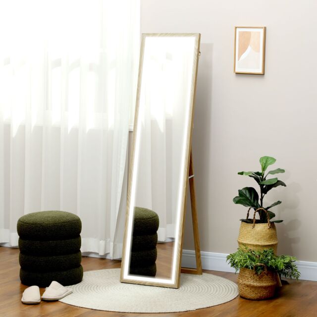 HOMCOM Dimming Full Length Mirror w/ Lights Standing Leaning Wall Mount Oak in Light Oak - image 1