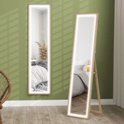 HOMCOM Dimming Full Length Mirror w/ Lights Standing Leaning Wall Mount Oak in Light Oak - thumbnail 2