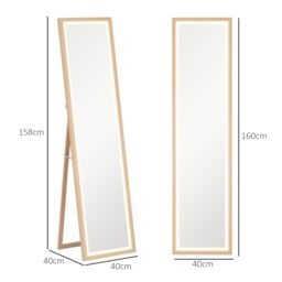 HOMCOM Dimming Full Length Mirror w/ Lights Standing Leaning Wall Mount Oak in Light Oak - thumbnail 3