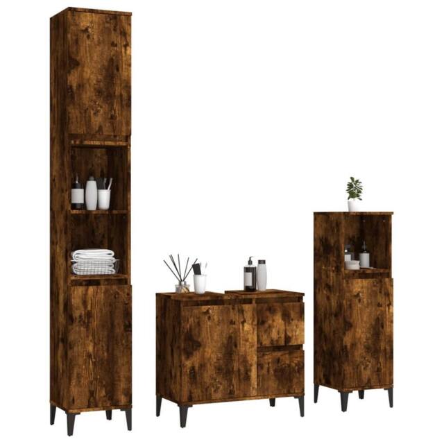 Berkfield Home Modern 3 Piece Bathroom Cabinet Set Smoked Oak Engineered Wood in Brown - image 1