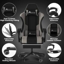 Alivio Ergonomic Gaming Chair with Massage Lumbar Cushion in Grey - thumbnail 7