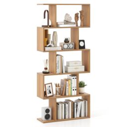Costway 5-Tier Bookshelf Geometric S-Shaped Bookcase in Natural - thumbnail 1