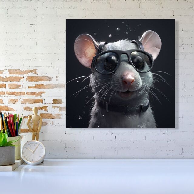 "Warren Reed - Designer Splashart Rat In Glasses Canvas in Grey - Size: W16"" x H16""" - image 1