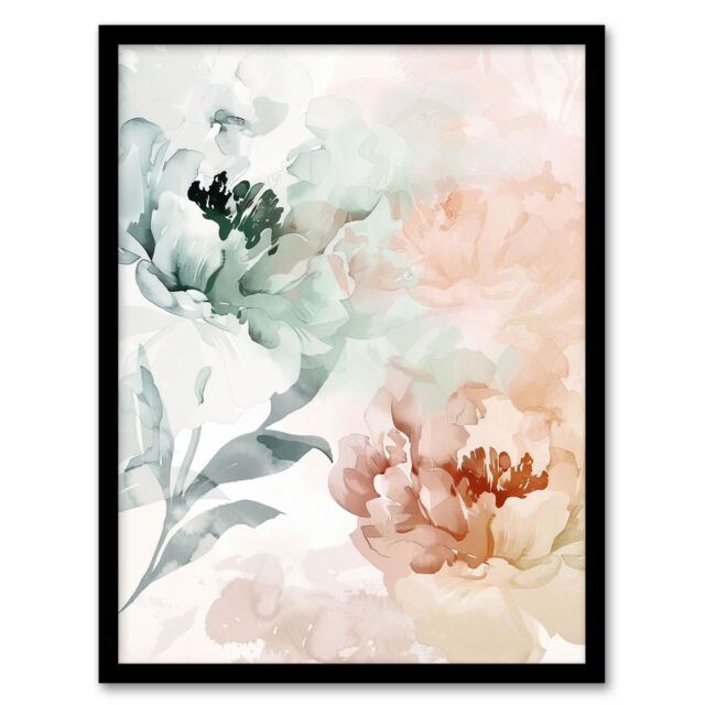 "Artery8 Peony Flowers Teal Blue Pink Light Watercolour Framed Art Print - Size: W12"" x H16""" - image 1