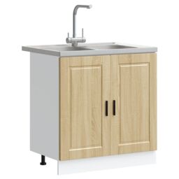 Berkfield Home Porto Sink Base Cabinet with Sink - Sonoma Oak, 80x46x84.5 cm, Made of Engineered Wood in Beige - Size: 80x46x84.5 cm - thumbnail 3