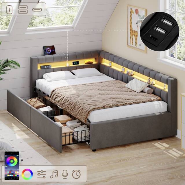 Matteo Modern Single Velvet Daybed with LED, Storage & Charging, Grey - image 1