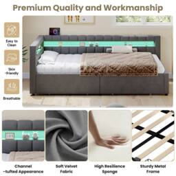 Matteo Modern Single Velvet Daybed with LED, Storage & Charging, Grey - thumbnail 6