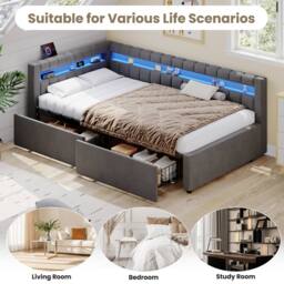 Matteo Modern Single Velvet Daybed with LED, Storage & Charging, Grey - thumbnail 7