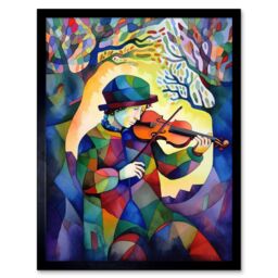 "Artery8 Wall Art Print Fiddle Player In Forest Folk Art Watercolour Painting Art Framed in Black - Size: W12"" x H16""" - thumbnail 1