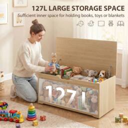 HOMCOM Storage Trunk for Living Room, with Safety Hinges, 100cm, Nature Wood in Natural - thumbnail 4