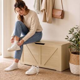 HOMCOM Storage Trunk for Living Room, with Safety Hinges, 100cm, Nature Wood in Natural - thumbnail 1