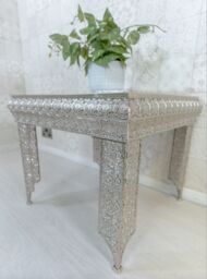 Downton Interiors Silver Embossed Metal Mirrored Glass Side Table - Agadir Collection - Size: Medium - thumbnail 3