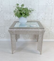Downton Interiors Silver Embossed Metal Mirrored Glass Side Table - Agadir Collection - Size: Medium - thumbnail 2