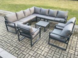 Fimous Outdoor Garden Furniture Patio Lounge Corner Sofa Aluminium Set with Square Coffee Table 3 Pcs Arm Chairs Dark Grey - thumbnail 1
