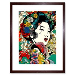 "Artery8 Wall Art Print Modern Geisha Portrait Flower Patterns Bright Floral Japan Japan Sage Green Artwork Framed 9X7 Inch in Brown - Size: W7"" x H9""" - thumbnail 1